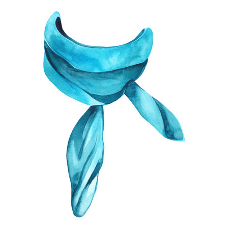 Turquoise and blue neck scarf tied in a knot at the front. Watercolor illustration, all objects are hand painted with watercolor. Suitable for printing on fabric, paper, design and creativity.の写真素材