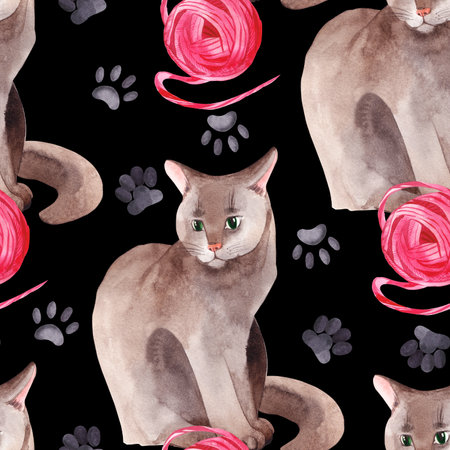 Seamless watercolor pattern. Gray fluffy cat with a pink ball, cat tracks, paws, all objects are hand-drawn with watercolor. Suitable for printing on fabric, pet products, design.の写真素材