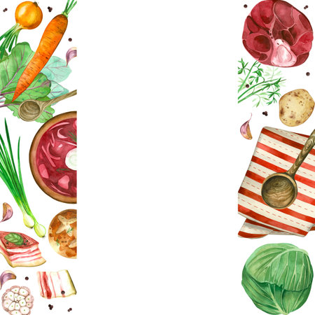 Recipe of national cuisine, borscht. Vegetables, meat for cooking borscht, potatoes, cabbage, carrots, garlic, tablecloth. All objects are hand-drawn with watercolors. Frame for menus, recipes, books.の写真素材