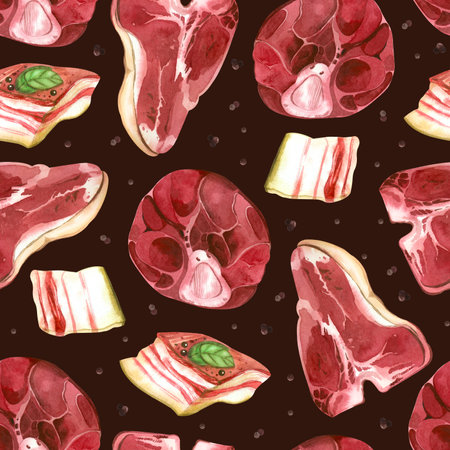Seamless watercolor pattern. Meat on the bone, steak, lard, beef, peppercorns, all objects are hand-drawn with watercolor. Suitable for printing on fabric, paper, for packaging goods and food productsの写真素材