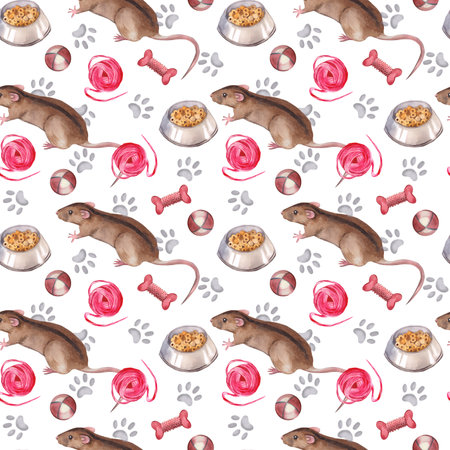 Pets, brown rats with black stripes with a bowl of food, toys, balls, balls of yarn and paw prints. All objects are hand-painted with watercolors. Suitable for printing on fabric, paper.の写真素材