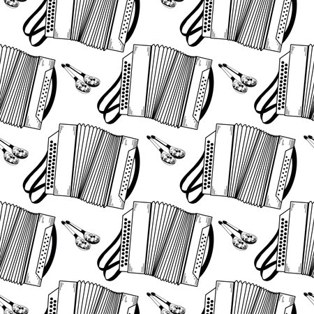 Folk musical instruments, accordion, accordion, wooden painted spoons, all objects are hand drawn in vector. Seamless vector pattern. Suitable for printing on fabric, paper, for poster design.のイラスト素材