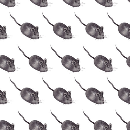 Seamless watercolor pattern. Gray toy mouse with tail, cat toy hand painted with watercolor. Suitable for printing on fabric, paper, for cards and design of pet products.の写真素材