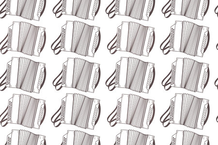 Folk musical instruments, accordion, accordion, all objects are hand drawn in vector in gray color. Seamless vector pattern. Suitable for printing on fabric, paper, for poster design.のイラスト素材