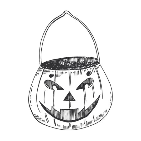 Halloween, holiday illustration. Pumpkins with cut out scary face, basket for sweets with pumpkin-shaped handle, hand drawn with black liner. For printing on cards, invitations, posters.のイラスト素材