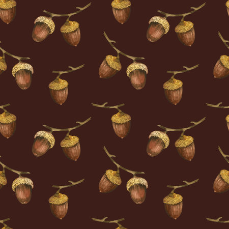 Acorns on a branch, hand-painted with brown and yellow watercolor. Watercolor seamless pattern. Suitable for printing on fabric, for home textiles, stationery and wallpaper for a childs room.の写真素材