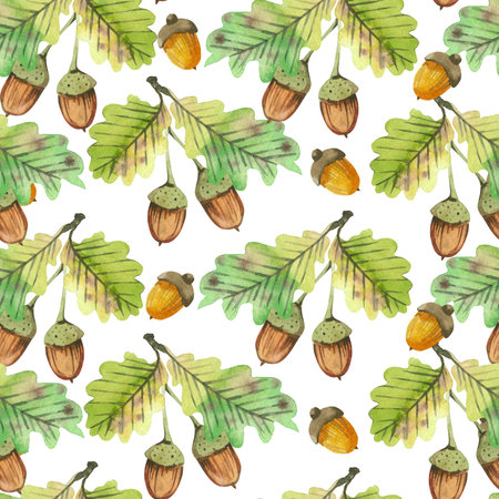Seamless watercolor pattern with forest acorns and oak leaves. All objects are hand-drawn with yellow and green watercolor. Watercolor illustration. Suitable for printing on fabric, paper, stationery.の写真素材