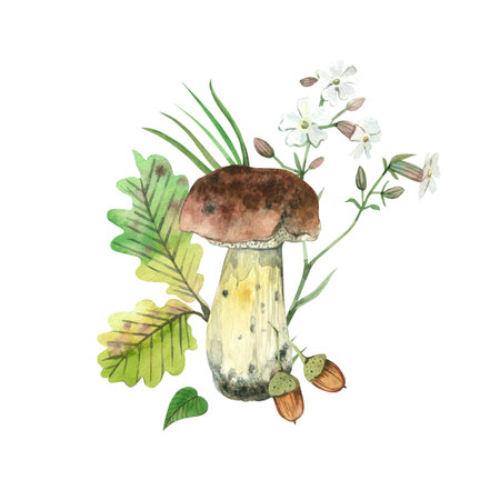 composition of forest mushrooms, porcini mushroom, flowers, oak leaves, trees, pine needles, acorns, all objects are hand-painted with watercolors. For printing on postcards, for kitchen textiles.の写真素材