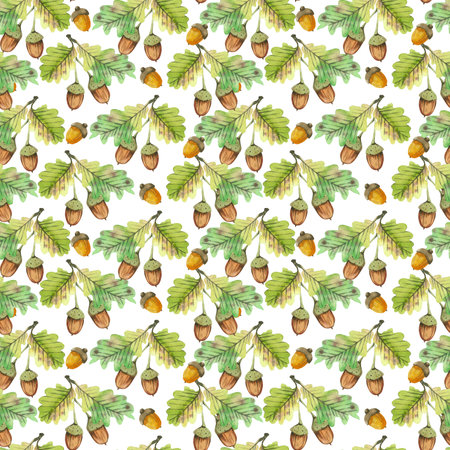 Seamless watercolor pattern with forest acorns and oak leaves. All objects are hand-drawn with yellow and green watercolor. Watercolor illustration. Suitable for printing on fabric, paper, stationery.の写真素材