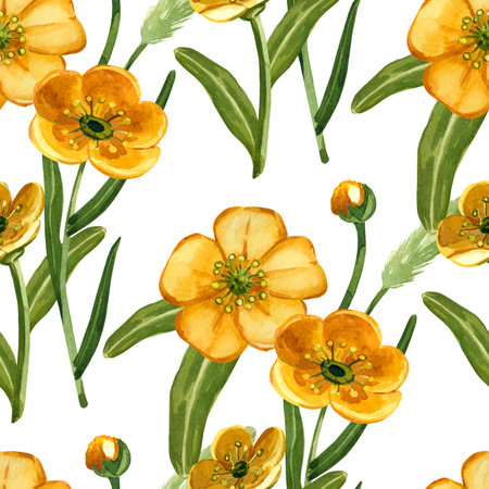 Seamless watercolor pattern. Yellow buttercups, buds, green leaves collected in bouquets. All objects are hand-drawn with watercolors. Suitable for printing on fabric, paper, for stationery.の写真素材