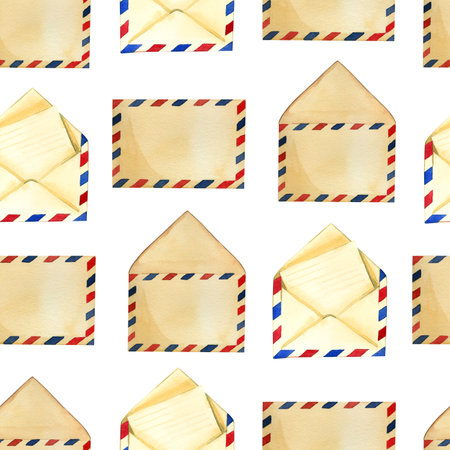 Seamless watercolor pattern. Airmail envelopes, letters, all objects are hand painted with watercolor and isolated on white background. Watercolor pattern. For packaging design, post office products.の写真素材