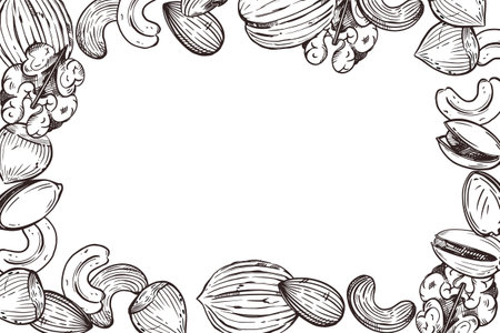 Rectangular frame of nuts, walnuts, almonds, cashews. All objects are hand-drawn in vector ink. The illustration is suitable for the decoration of the packaging of nuts, other food and cosmetics.のイラスト素材