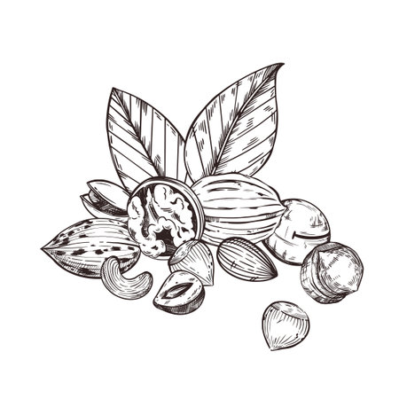 Vector composition of nuts, walnuts, pecans, cashews, almonds, macadamias, hazelnuts, tree leaves. All objects are hand-drawn with ink. For printing on fabric, paper, dishes, kitchen textiles. Vectorのイラスト素材