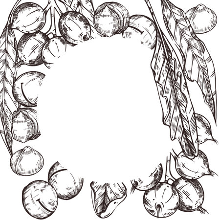Vector illustration of a frame with macadamia nuts, leaves of a macadamia tree, macadamia nuts on a branch. All objects are hand-drawn with ink. For printing on food, cosmetics, kitchen packaging.のイラスト素材