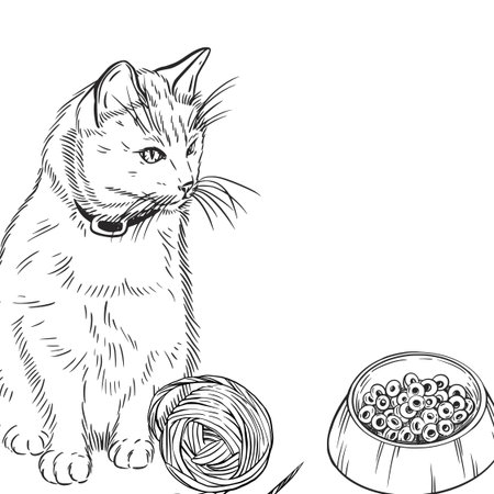 Black and white composition of a pet, cat, bowls of food, a ball of thread for play. All objects are hand-drawn with ink converted into vector, for printing on postcards, coloring pages, packaging.のイラスト素材