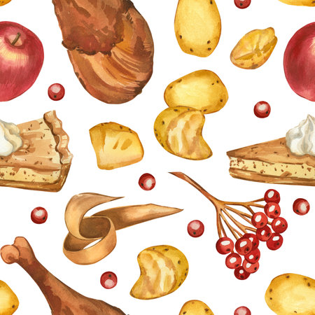 Seamless watercolor pattern for Thanksgiving, potatoes, turkey, fruits and berries, all objects hand-painted with watercolor. For printing on fabric, dishes, home textiles, holiday decor.の写真素材