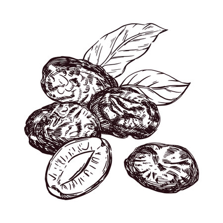 Prunes, prune slices, leaves, all objects are hand-drawn with ink and translated into vector. Vector illustration is perfect for printing on the packaging of dried fruits, food, dishes.のイラスト素材
