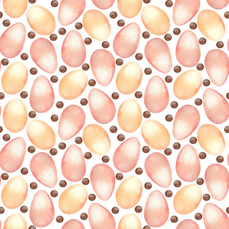 A seamless watercolor pattern with pink and peach Easter eggs and chocolates. All objects are...