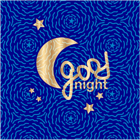 Good night, poster with gold modern hand lettering, moon and  little starsのイラスト素材