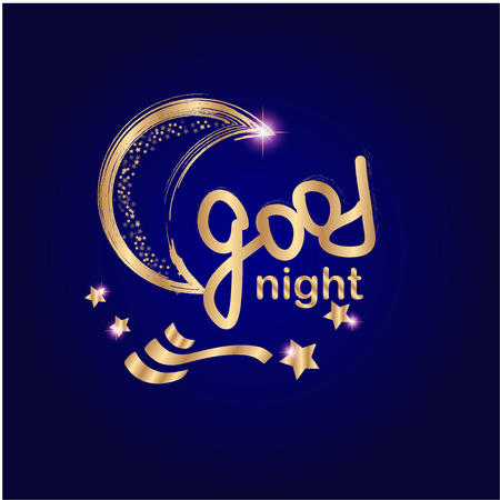 Good night, poster with gold modern hand lettering, moon and  little starsのイラスト素材