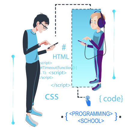 Teenager programming code with mobile.のイラスト素材