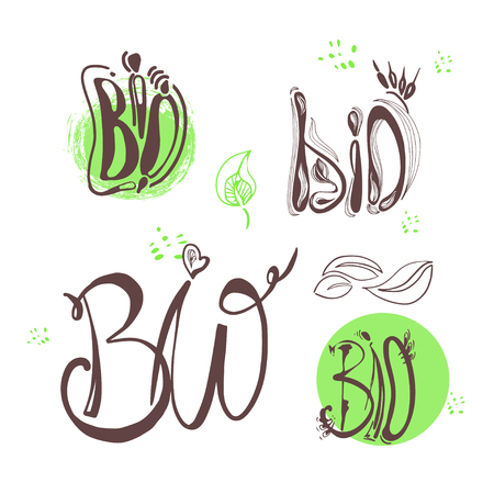 Logo label bio, natural on a white background.Gmo free, calligraphic handwriting lettering with leaf, cube, drop. natural food sticker eps 10のイラスト素材