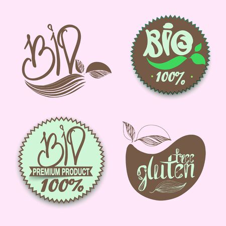 label eco, bio, natural on a white background. calligraphic handwriting lettering with leaf, cube, drop.のイラスト素材