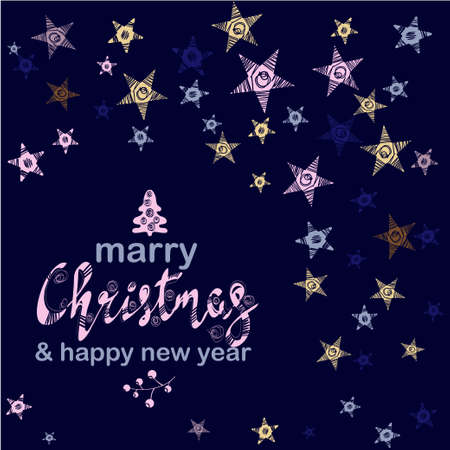 Merry Christmas hand drawn lettering. Xmas cursive calligraphy. Christmas lettering with golden stars. Banner, postcard, poster design element. vector illustration EPS10のイラスト素材