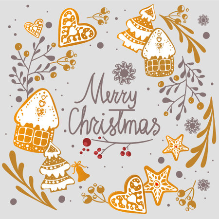 Merry christmas winter wreath with cupcakeのイラスト素材
