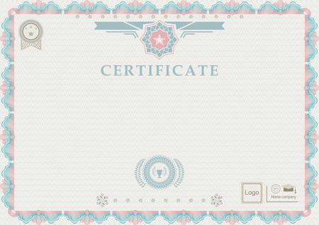 Beige official guilloche certificate. Turquoise guilloche design elements. EPS 8のイラスト素材