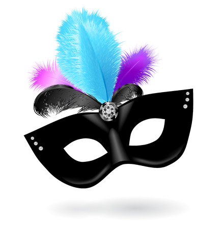 Black carnival mask with pink, blue, black feathers on white backgroundのイラスト素材