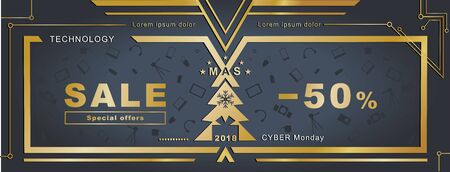 Christmas technology banner. Gold design elements on dark background. Computer goods. May use it for sale, cyber monday, special offerのイラスト素材