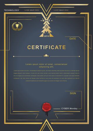 Christmas technology official certificate. Dark background with gold design elements and realistic wafer. May use it as background for Cyber ??Mondayのイラスト素材