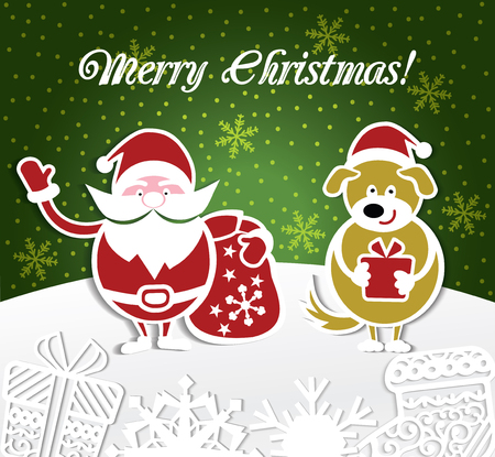 Santa waves his hand and dog holds a gift. Christmas card. May use it for cutting too;のイラスト素材