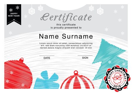 Christmas certificate. Santa on the badge, christmas tree and decoration. Simple draw. Merry Christmas backgroundのイラスト素材