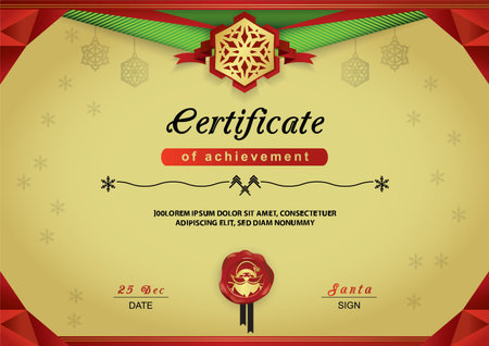 Christmas gold certificate. Red green abstract border, snowflake emblem, portrait Santa on red wafer. Merry Christmas cardのイラスト素材