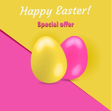 Pink yellow Easter eggs on the pink yellow paper background. Blue Easter bannerのイラスト素材