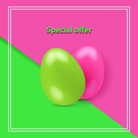 Pink and green Easter eggs on the pink green paper background.のイラスト素材