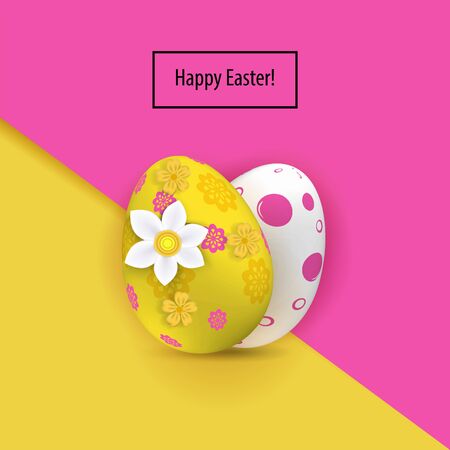 Yellow white two Easter eggs on the pink yellow paper background. Bright Easter cardのイラスト素材