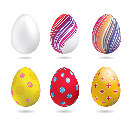 White, yellow, red, striped colorful Easter eggs aon the white background. Set of bright Easter eggsのイラスト素材