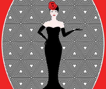 Beauty woman with red rose hat on black white striped background. Fashion parfume banner. Woman in black evening dressのイラスト素材