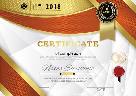 Official white certificate of appreciation award template with red gold shapes and black badge, wafer.のイラスト素材