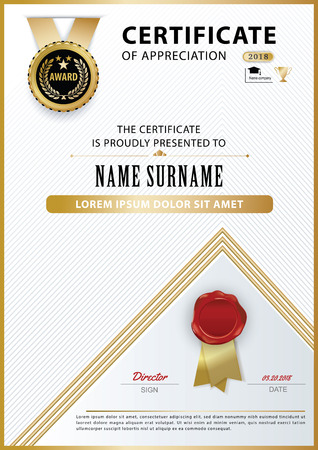 Official white certificate of appreciation award template with gold shapes and black badge, wafer. Triangle design elementsのイラスト素材