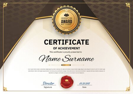 Official white certificate of appreciation award template with wave black and golden shapes and black badge, Official blankのイラスト素材