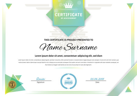 Official white certificate with green triangle design elements, crown. Business clean modern design.のイラスト素材