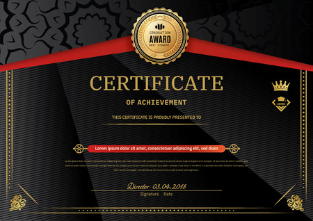 Official black certificate with red black triangle design elements. Gold emblem, gold textのイラスト素材
