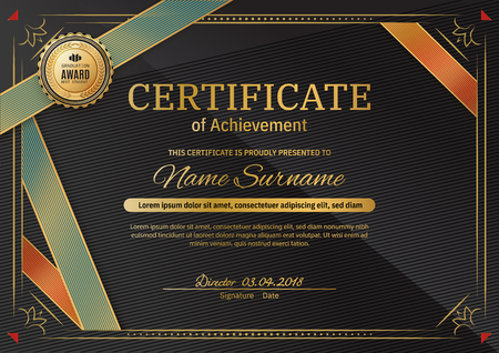 Official black certificate with red black triangle design elements. Gold emblem, gold text. Black vector blankのイラスト素材