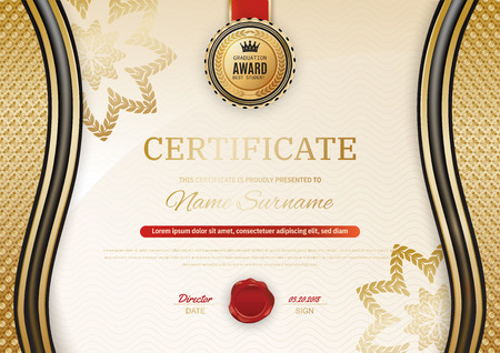 Official black certificate with gold wave design elements. Gold emblem, gold textのイラスト素材
