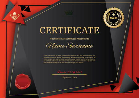 Official black certificate with red black triangle design elements. Black emblem, gold text. Black vector blankのイラスト素材