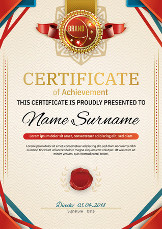 Official retro certificate with red gold design elements. Red ribbon and red emblem. Vintage modern blankClassical style. Vintage modern blankのイラスト素材